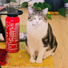 Cat and water bottle on the floor/carpet 