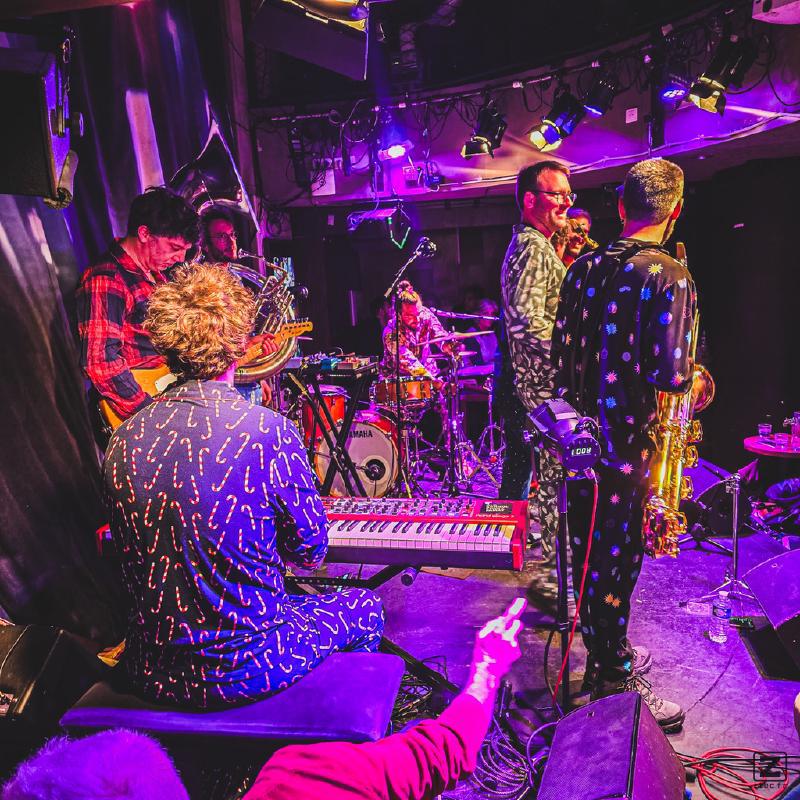 Old School Funky Family on stage in pyjama