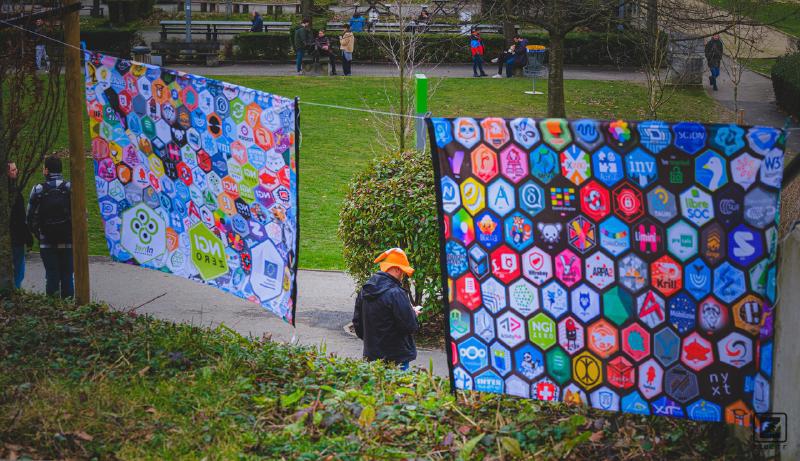 Someone with a VLC cone hat, but it is not standing up right.