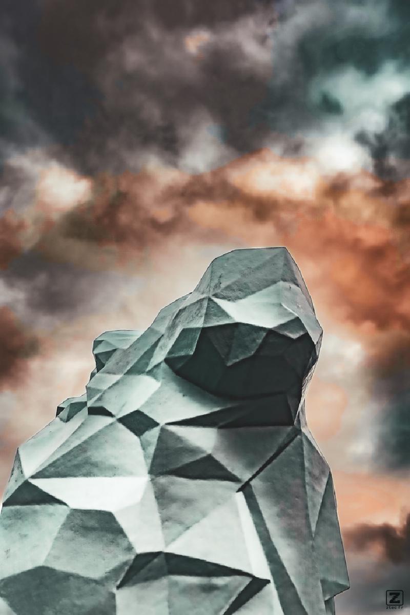 Dramatic clouds and a styled Lion head from behind.
https://www.flickr.com/photos/ztec/53394489578/