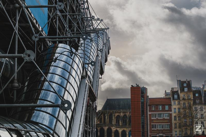 Beaubourg external stairs with old Parisien building in the back
