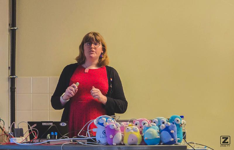 Presentation of the State of GO 2026, with many Gophers plushies on the desk up front.