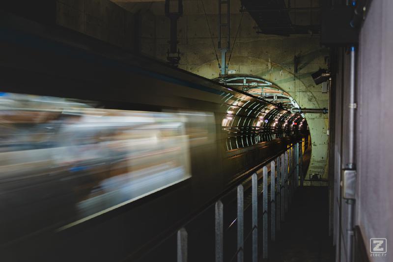 A Metro tunnel with a moving metro car going in