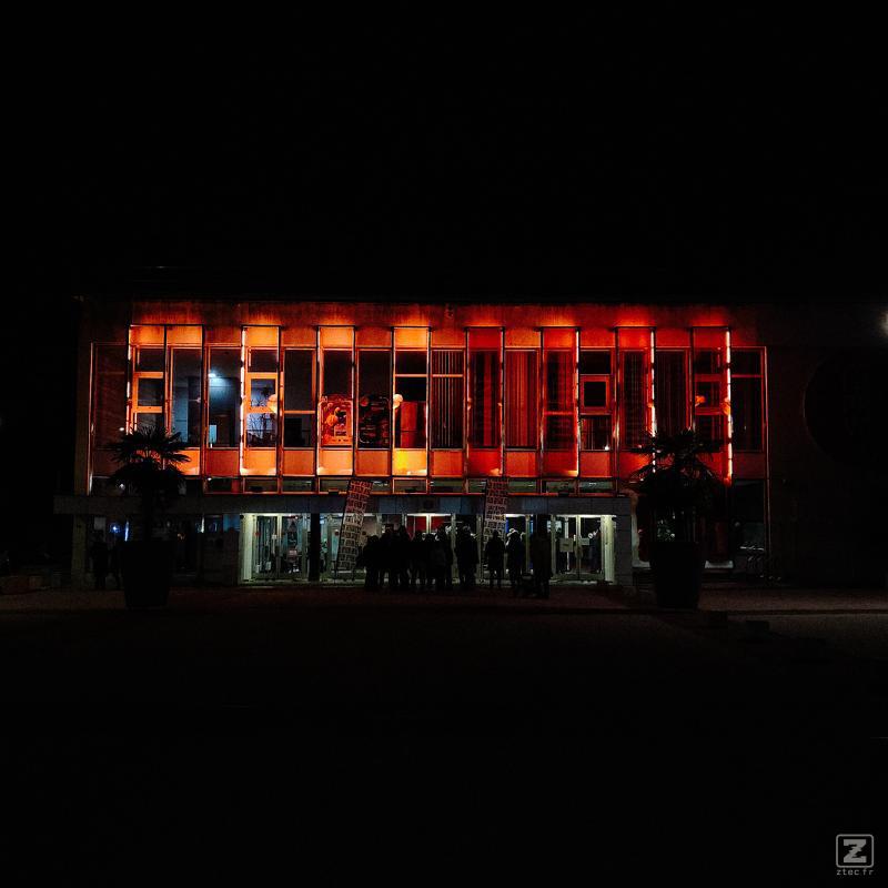 Lighted facade of a theatre 
https://www.flickr.com/photos/ztec/54141562522/