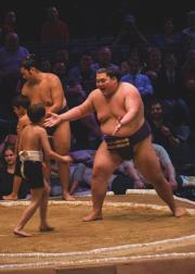 A sumo open arms to welcome a sumo child