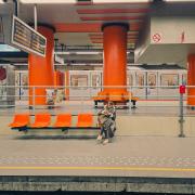 Train stations with orange seats and orange walls. An orange from the 60's 