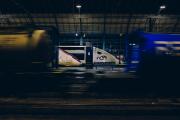  A FRET train is moving (blurred) on the foreground, leaving only two "head" of TGV on far platforms.  
