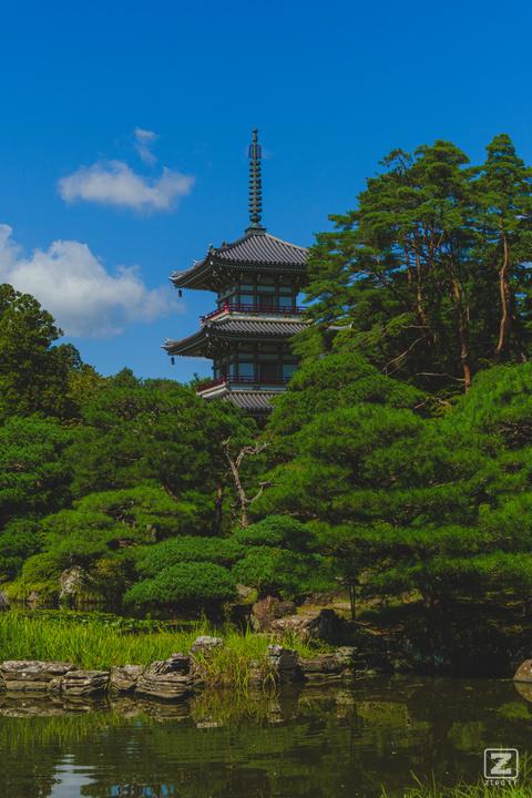 A typical Japanese garden with a tower behind trees in the center.