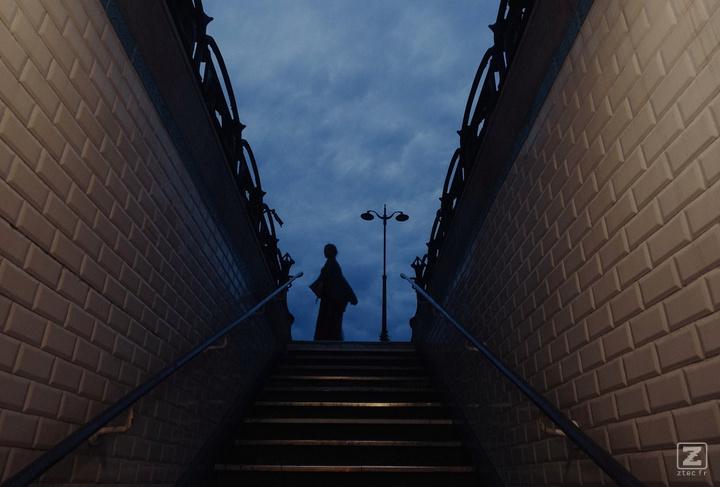 Stairs of a Paris metro/Subway station with the typical white tiles on walls.(both side).
On top of the stairs, a person's silhouette is visible with a pole light in a paris typical shape. 
The sky is blue-ish like way after the sun has set, but still lighting the sky.
https://www.flickr.com/photos/ztec/53213529963/