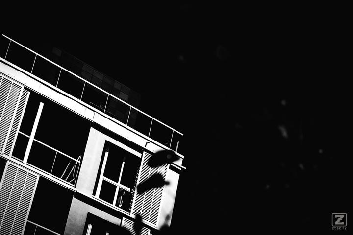 Picture of a building corner taken from below. It is highly contrasted with near black and near white colors.
https://www.flickr.com/photos/ztec/53132785349/