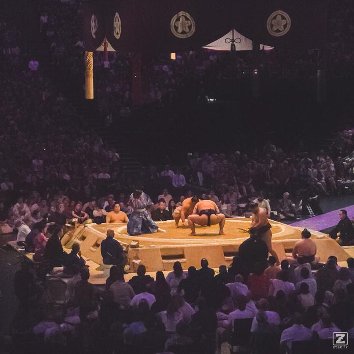 Two sumo at the Paris competition of 2026. They are in the middle of the arena, ready to start the fight.