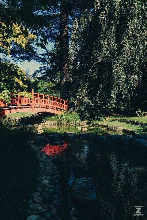 A red bridge over water in a green garden