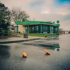 Two croissant on the wet ground outside. In front of an "information" building.
https://www.flickr.com/photos/ztec/54316172663/