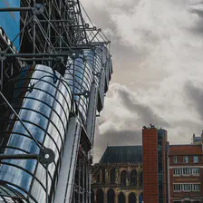 Beaubourg external stairs with old Parisien building in the back