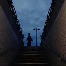 Stairs of a Paris metro/Subway station with the typical white tiles on walls.(both side).
On top of the stairs, a person's silhouette is visible with a pole light in a paris typical shape. 
The sky is blue-ish like way after the sun has set, but still lighting the sky.
https://www.flickr.com/photos/ztec/53213529963/