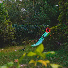 A bird in a garden with a slide for children on the back